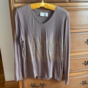Chico's Taupe Metallic Dot V-Neck Long-Sleeve Top